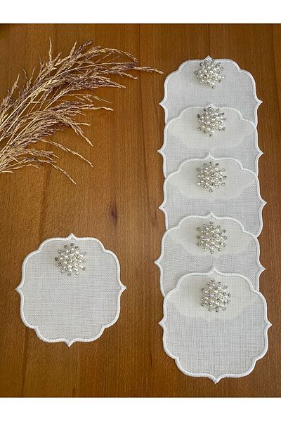 Smiling Home 6 Pieces Linen Linen Ecru Color Stylish Pearled Cocktail Presentation Napkin