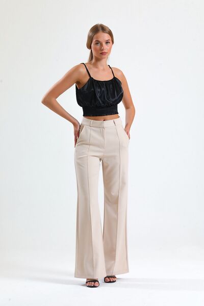 Sense Ornamental Stitched Hürrem Fabric Wide Leg Trousers| Pnt34239 Stone