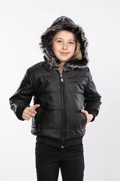 Go Veform Boy's Black Leather Coat - Fur Inside and Padded, Avm128
