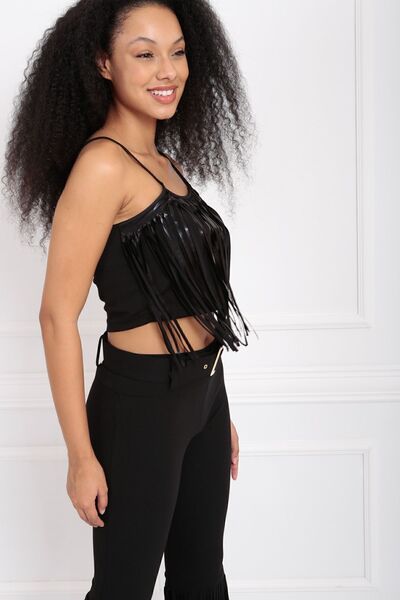 Sense Steel Fabric Tank Top with Tassels on the Front and Straps| Atlt33145 Black