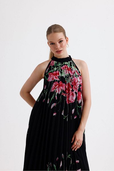 Sense Black Floral Print Chiffon Evening Dress - Pleated and Lined, Long Elb35127sf