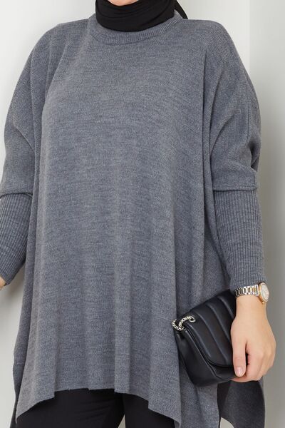 MODAMERSİ Ανθρακί Πλεκτό Γυναικείο Πουλόβερ Oversize Slit