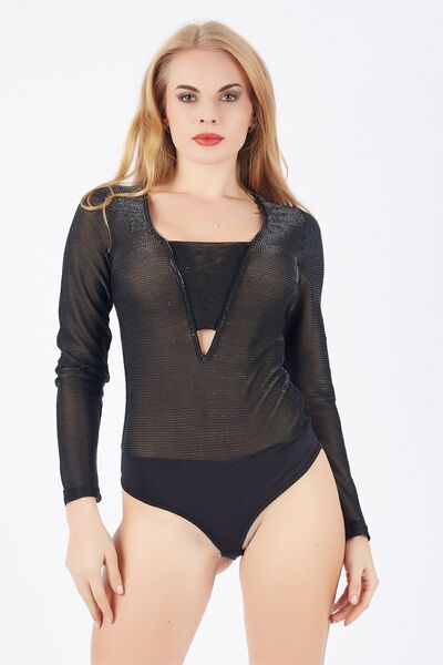 Sense V-Neck Front and Bottom Clasp U.Sleeve Blouse| Blz33060 Black Silver