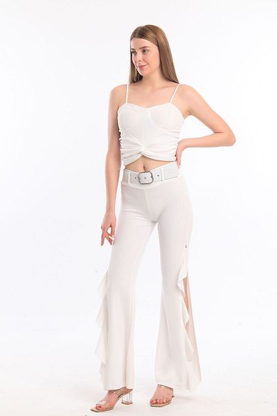 Sense Pantaloni din crepon pentru scuba cu centură cu volan |   Pnt33394 Ecru