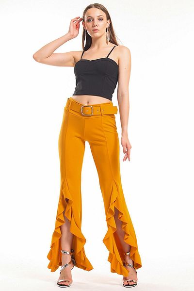 Sense Pantaloni cu centură creponată Scuba - Volan lateral, Safran_pnt33381