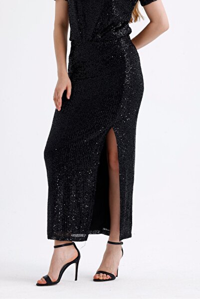 Sense Black Sequined Evening Skirt - Lined and Elastic Waist | Etk35405