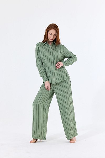 Sense Thin Striped Viscose Trousers - Elastic Waist, Side Pockets and Laces| Pnt35465 Green