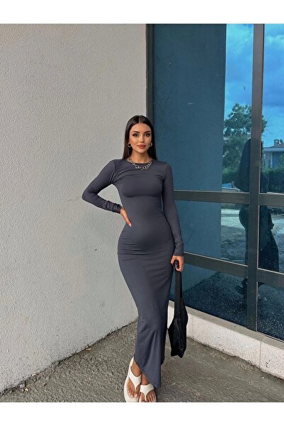 Babushka Μακρυμάνικο φόρεμα μάξι καπνιστό ανθρακί