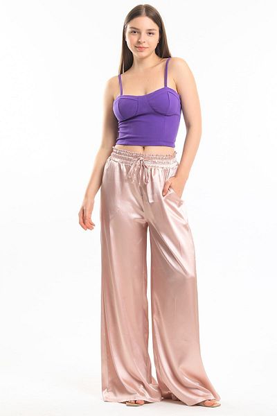 Sense Gipe Detailed Pocketed Wide Leg Satin Trousers| Pnt34217 Powder
