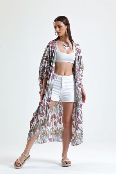 Sense Κιμονό παραλίας σιφόν με σχέδιο τουλίπας - Elb33597, καφέ