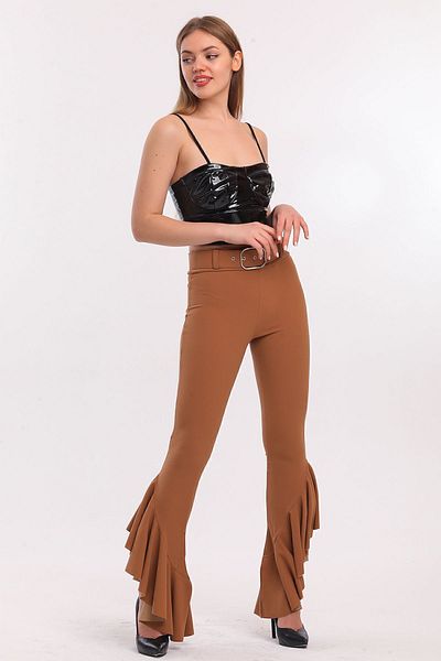 Sense Pantaloni spanioli Pasha de culoare șofran - țesătură tricotată cu volane, picioare și talie elastică Pnt32438