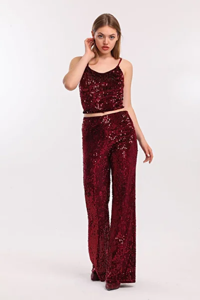 Sense Elastic Wide Leg Sequined Evening Dress Trousers| Pnt33970 Claret Red
