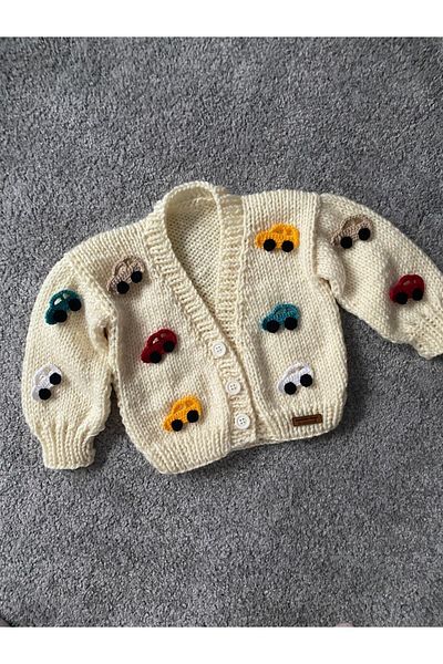 NEVALİN Hand Knitted Boy's Cardigan with Car Detail