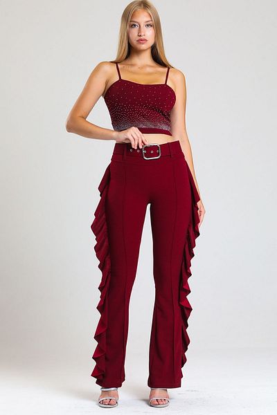 Sense Yellow Buckle Belt Side Flywheel Scuba Crepe Trousers_pnt32717 Claret Red