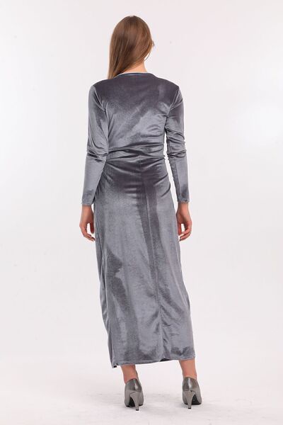 Sense Βελούδινο μακρύ βραδινό φόρεμα με διπλό μανίκι |   Elb33852 Γκρι