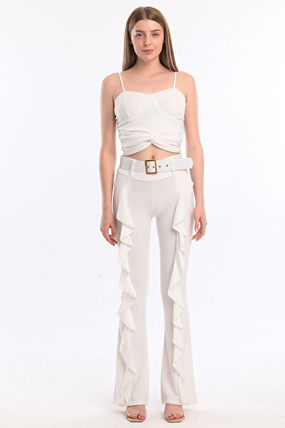 Sense Екрю Скуба Креп Штани - З поясом і воланами | Pnt32716