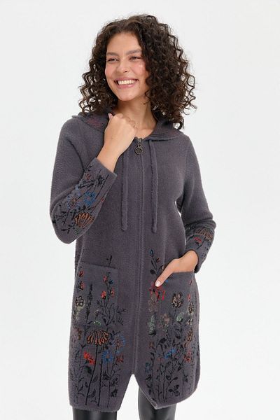 Desen Triko Anthracite Wild Flower Print Long Cardigan with Hood