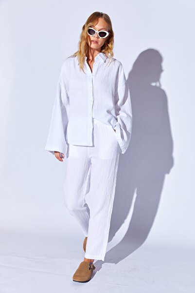 EDITION WOMAN Pantaloni din muselină, albi optici, cu croială confortabilă | ...