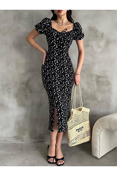 EnterStore Yazlık Çiçek Desen Karpuz Kol Yırtmaç Detay Elbise