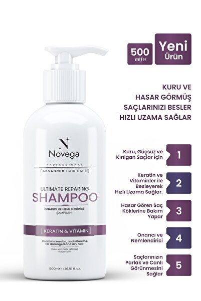 Novega Kuru, Hasar Görmüş ve Geç Uzayan Saçlar İçin Onarıcı & Nemlendirici Şa...