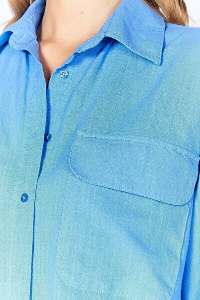 EDITION WOMAN Cămașă de damă albastră cu aspect de in - Husă cu buzunar dublu |   Suplimentar 100169410 -9410