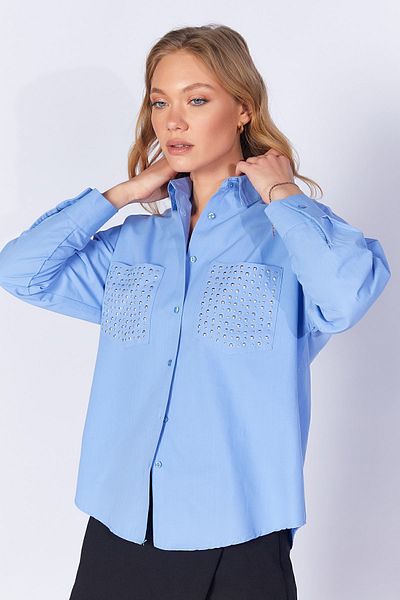 EDITION Oversize Blue Poplin Women's Shirt - Stone Detailed Additional1000168772-8772