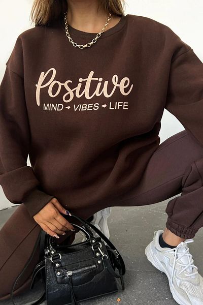 NO 601 Καφέ Positive Printed Γυναικείο Φούτερ - Crew Neck