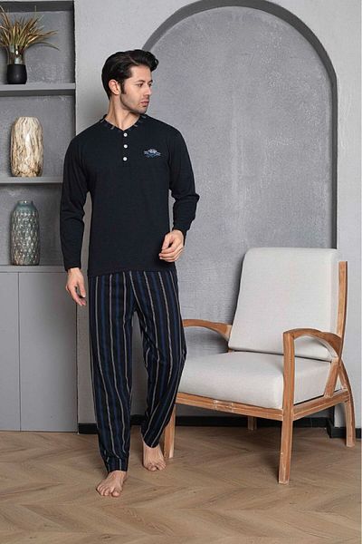 Moon Line Black Combed Cotton Men's Pajama Set - Long Sleeve and Striped Bottom