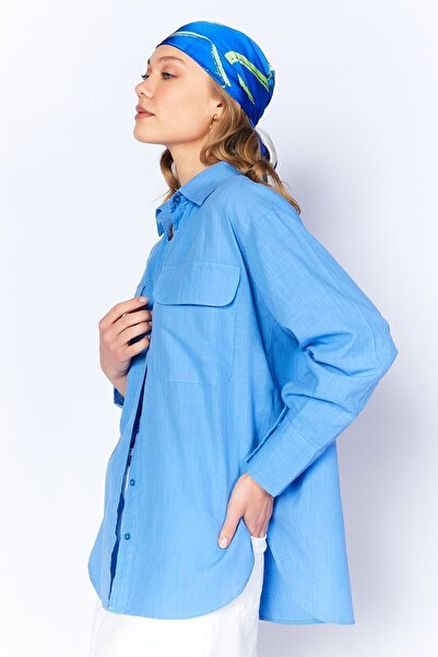 EDITION WOMAN Cămașă de damă albastră cu aspect de in - Husă cu buzunar dublu |   Suplimentar 100169410 -9410