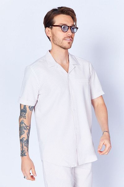 MAN EDITION Men's Shirt - Stone Seersucker Striped, Pocket Detail, Short Sleeve, Apache Collar Ee100114629-4629
