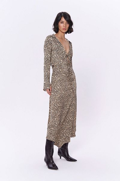 Quzu Beige Satin Midi Skirt - Leopard Pattern