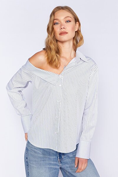 EDITION WOMAN Cămașă albă cu dungi asimetrice cu mânecă lungă - Anexă 1000169...