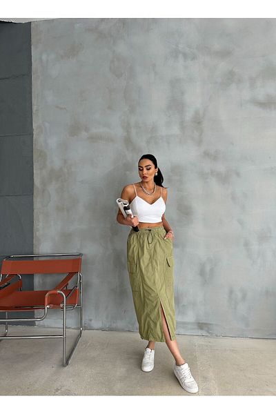 Zeo Basic Midi Length Parachute Fabric Skirt - Elastic Waist and Legs, Cargo Pocket
