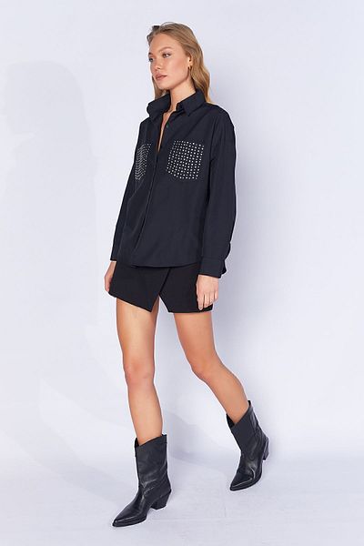 EDITION Oversize Black Poplin Women's Shirt - Stone Detailed Additional1000168772-8772