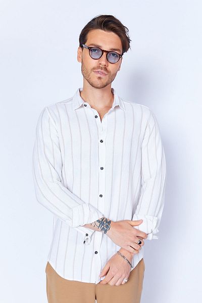 MAN EDITION Men's Shirt - White Straw, Linen Striped, Cotton Ee100114098-4098