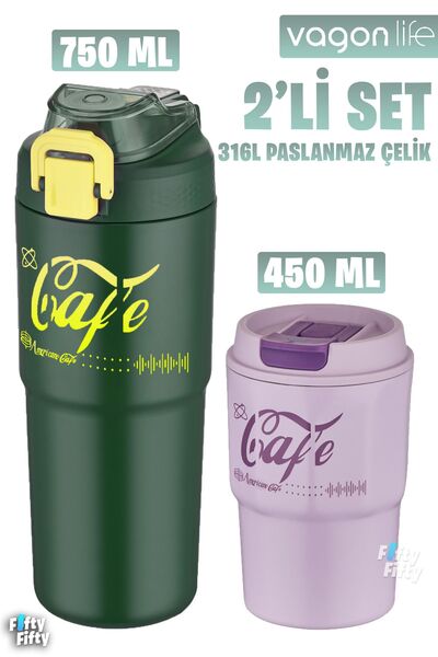 Vagonlife 2'li Çelik Termos-kahve Bardağı Seti 750ml Çift Kullanım Termos//45...