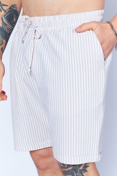 MAN EDITION Men's Jogger Shorts - Stone Seersucker Striped, Elastic Waist Ees650453-0453