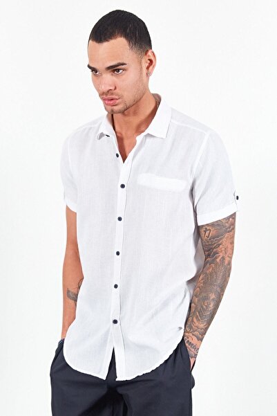 Manche Men's Straw Linen Short Sleeve White Shirt - Mes111766-01