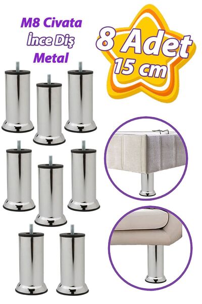 GLASWEN 8 Adet Metal Destek Ayağı 15 Cm Krom Mobilya Kanepe Baza Koltuk Ünite...