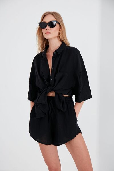 EDITION WOMAN Siyah Müslin Kadın Rahat Kesim Şort-7205