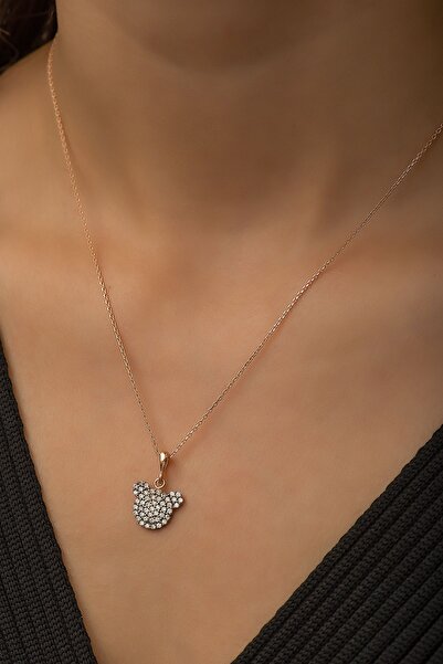 SUNSHINE 925 Ayar Rose Kaplamalı Beyaz Taşlı Teddy Ayıcık Gümüş Kolye