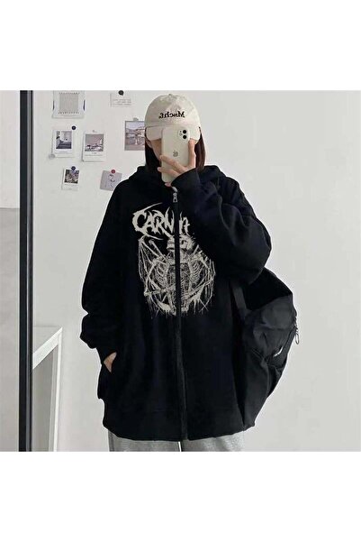 Genel Markalar Y2k  Carnifex Baskılı Oversize Fermuarlı Siyah Unisex Kapüşonlu Hırka