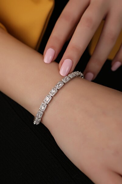 SUNSHINE 925 Ayar Gümüş Maget Pırlanta Montür Rodyumlu Su Yolu Bileklik 18cm