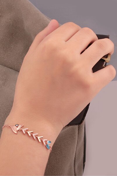 SUNSHINE 925 Ayar Rose Kaplamalı Beyaz Ve Mavi Zirkon Taşlı Balık Kılçığı Gümüş Bileklik