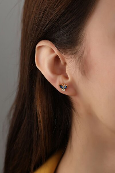 SUNSHINE 925 Ayar Gold Mavi Zirkon Taşlı Kelebek Gümüş Küpe