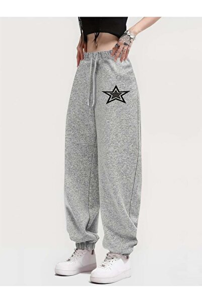 Oldeys Pantaloni de sport unisex gri Y2k Star cu imprimeu
