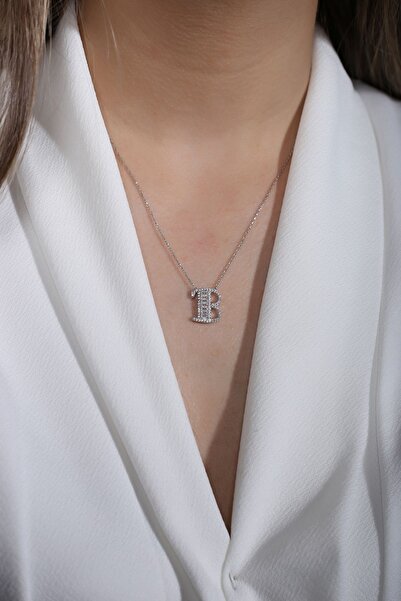 SUNSHINE 925 Ayar Rodyum Kaplamalı Pırlanta Görünümlü B Harfi Gümüş Kolye