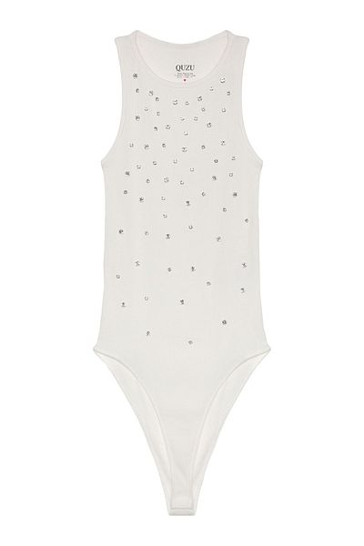 Quzu Ecru Halter Neck Bodysuit - with Stone Accessories