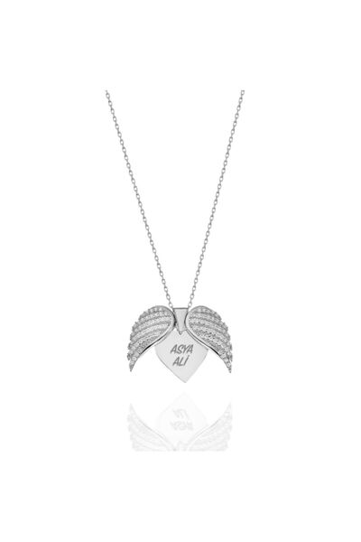 gunesgoldsilver 925 Ayar Gümüş Isimli Kalpli Kanatlı Kolye