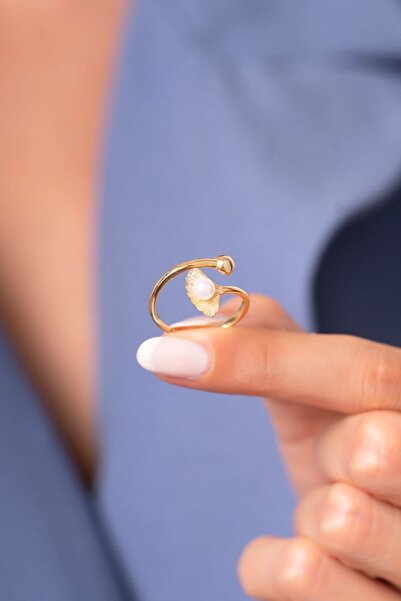 SUNSHINE 925 Ayar Gold Kaplamalı Incili Istiridye Kabuğu Gümüş Yüzük